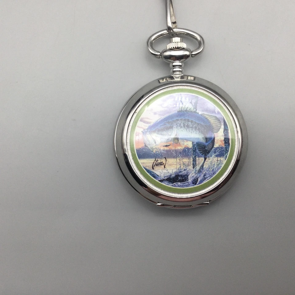 Reloj Bolsillo Al Agnew 45mm Cadena Lubina Pesca Hombres Tono Plata Batería Nueva 12" Foto 2 de 4