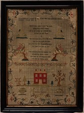 EARLY 19TH CENTURY RED HOUSE, MOTIF & VERSE SAMPLER BY HARRIOT BARLOW - 1801
