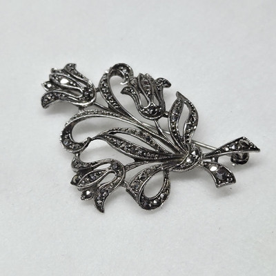 ANCIENNE BROCHE ART DÉCO ARGENT MASSIF INITIALES MARCASSITES