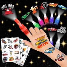 72 PCS Race Car Party Favors – 48 PCS Temporary Tattoos & 24 PCS LED Finger Ligh
