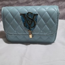 Victoria's Secret Light Blue Quilted Shoulder Bag Gold Hardware Logo Accent