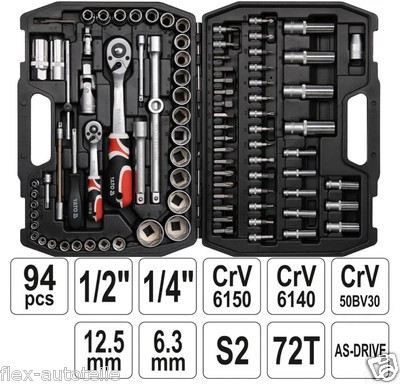 "Yato Werkzeugkoffer Set 94Tlg Ratschen SteckschlüSsel 1/4\" 1/2\" LangnüSse Bits"-image