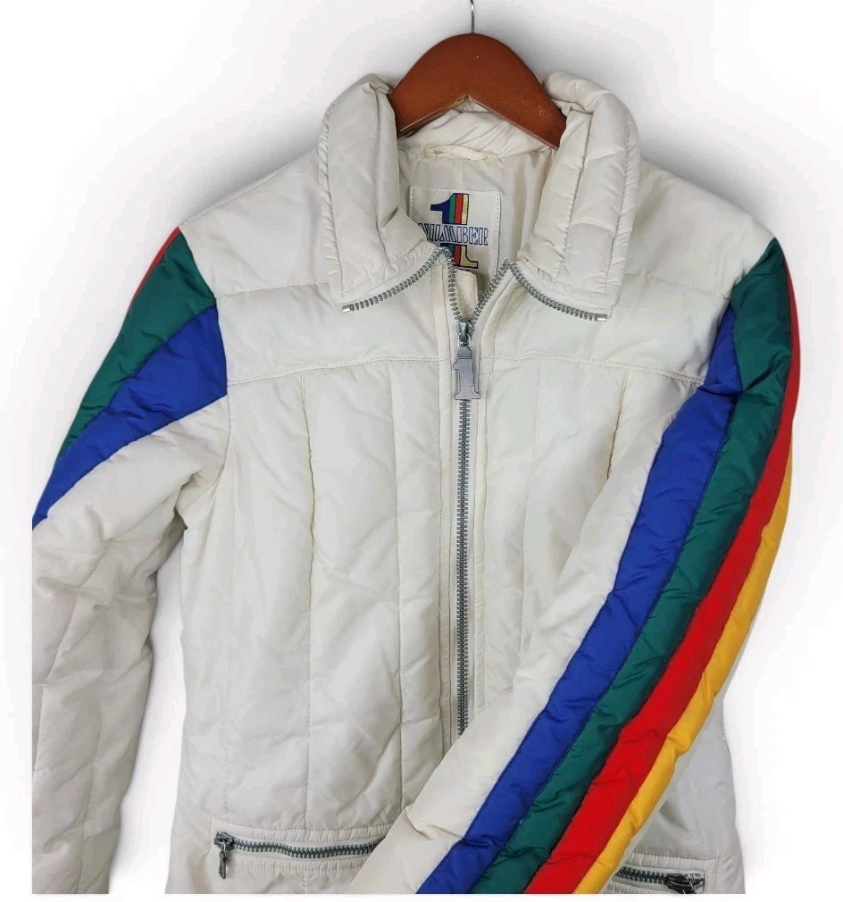 Vintage Ski Jacket Puffer Small Medium Snow Coat Rainbow Sleeve USA 70s Winter