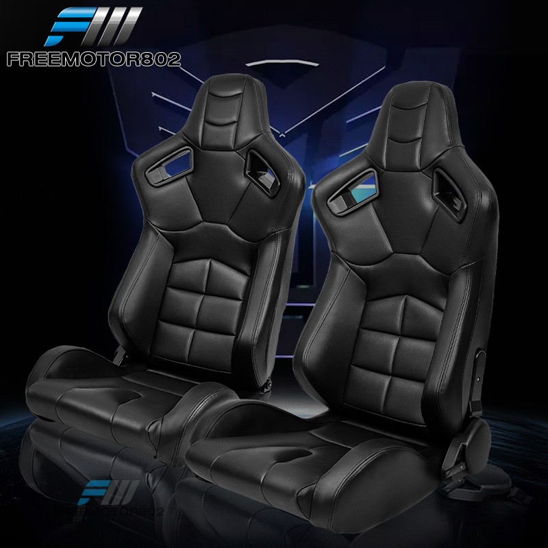 Adjustable Universal Racing Seat Muscle Style Black PU Leather & Dual Slider x2