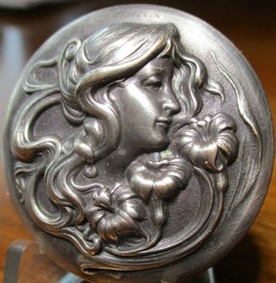 Vintage Antique French White "NOUVEAU LADY HAIR FLOWING FLOWERS" Metal Button