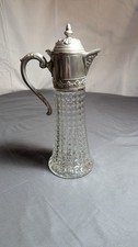 Italian Silver Plate Claret Wine Decanter Cut Glass Pitcher Hinged Lid - Italy