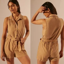 Cloth & Stone Anthropologie Utility Romper Tan Kakhi Sleeveless With Sash Sz M