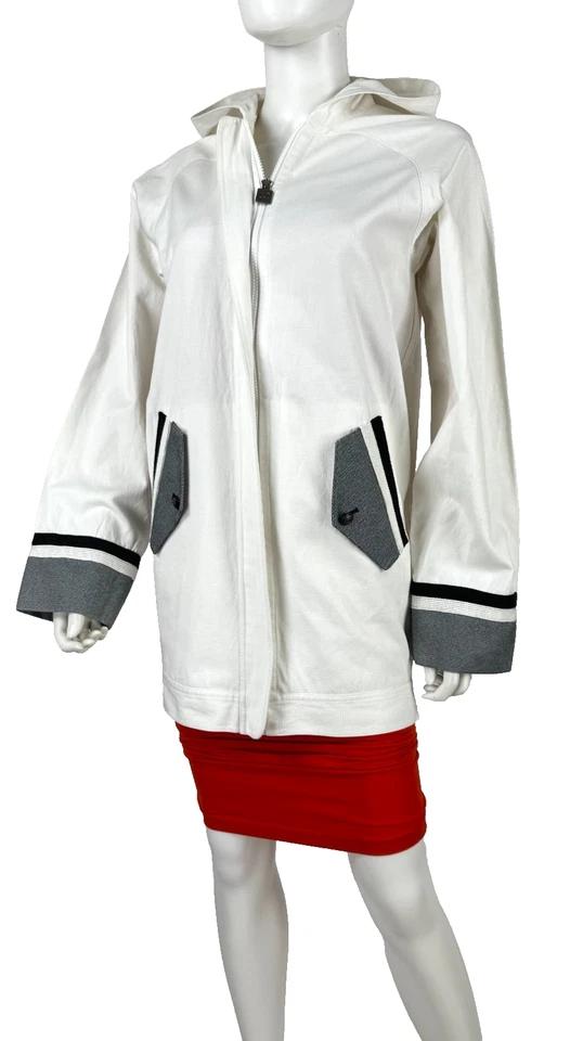 Chanel Auténtico 4 EE. UU. 36 FR 40 IT S Blanco Negro Algodón Capucha Cremallera Chaqueta Abrigo Pasarela Foto 2 de 4