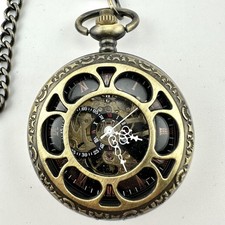 Mechanical Skeleton Pocket Watch Roman Numerals Bronze Chain, Has New Battery