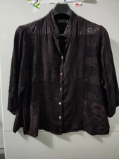 Citron Santa Monica Top Womens L Black Brown Blouse Button Up Blended Floral
