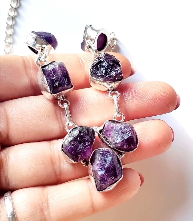 Collar de joyería hecha a mano de plata de ley 925 con piedras preciosas crudas de amatista natural de 18" Foto 4 de 4