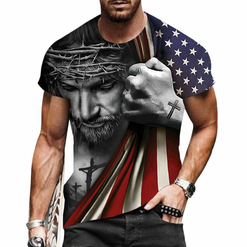 T Shirt Men's Short Sleeve Jesus Christian Cross USA American Flag T-Shirt Silky
Opens in a new wind