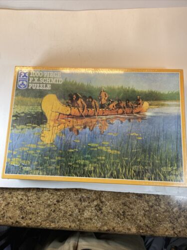 French Explorers F X Schmid 1000 Piece jigsaw Puzzle Native Americans Canoe NEW - Afbeelding 1 van 6