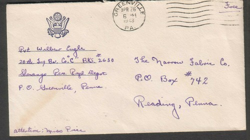 WWII Cover Pvt William Engle Shenango Pers Repl Depot Greenvile PA To WWII Cover Pvt William Engle Shenango Pers Repl Depot Greenvile PA To