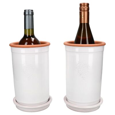 2er Set Ton-Weinkühler + Untersetzer weiß lasiert Ø 12,5 cm H 21 cm Flaschen