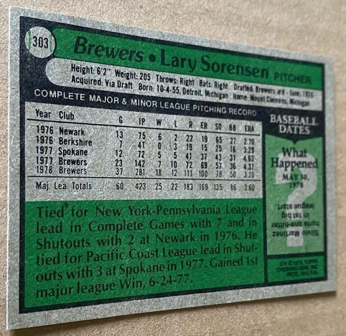 1979 TOPPS Card #303 LARY SORENSEN NM-MT Condition - Picture 2 of 2
