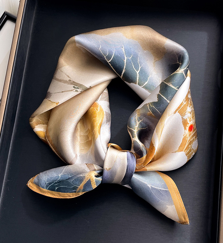 100% Mulberry Silk Scarf Yellow Floral Square Bandana Wrap 21 Inch for Women