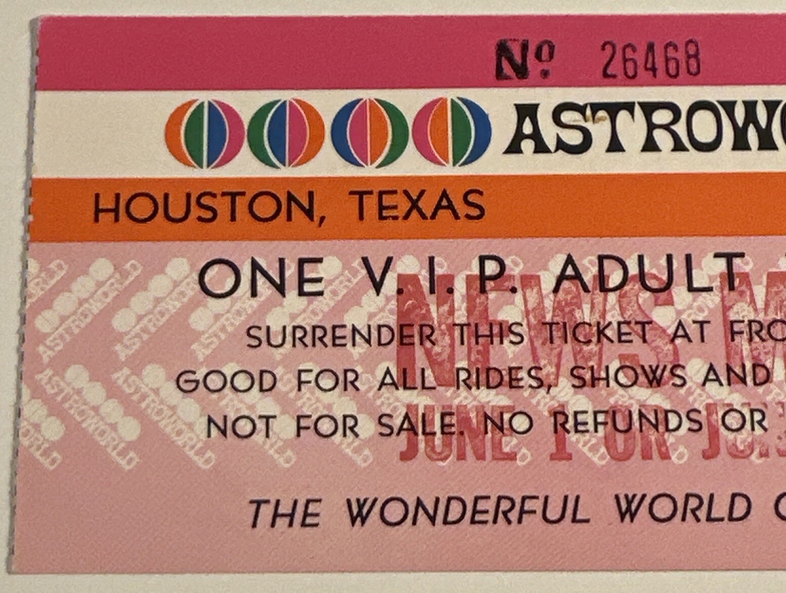Rare Astroworld 1968 VIP Ticket Houston Amusement Park Roy Hofheinz