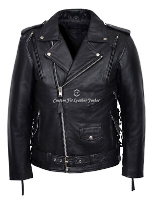 Herren Brando Biker Jacke schwarz Adler geprägt seitlich geschnürt ECHTLEDER MBF