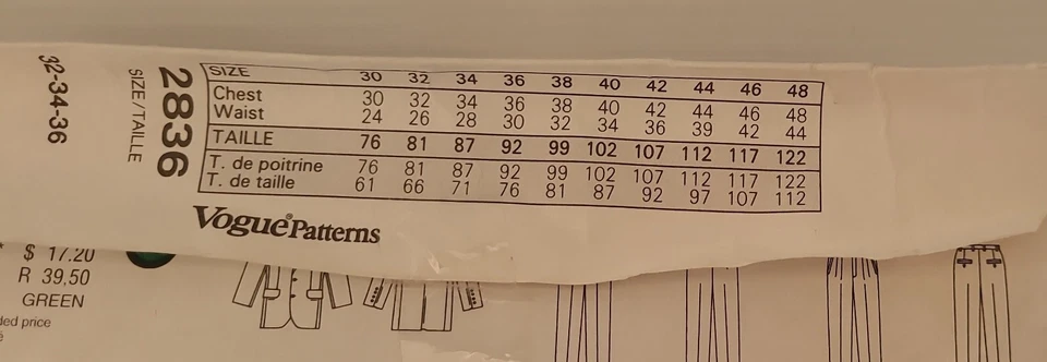 Vogue Men Sewing Pattern 2836, Men's Jacket & Pants, Size 32 - 36 Cut to Size 36 - Image 4 of 4