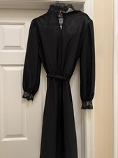 Vintage Little Black Dress High Lace Neck Trimmed Sleeves Tie Belt 16 Blair