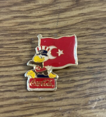 1984 Olympics Pin Turkey Flag with Sam the Eagle, Coca Cola 1-1/8