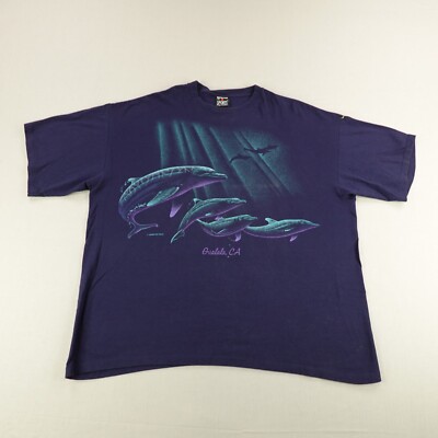 Vintage Dolphin Shirt Mens 2XL XXL Blue Gualala CA Ocean Wildlife Dolphins 90s ^