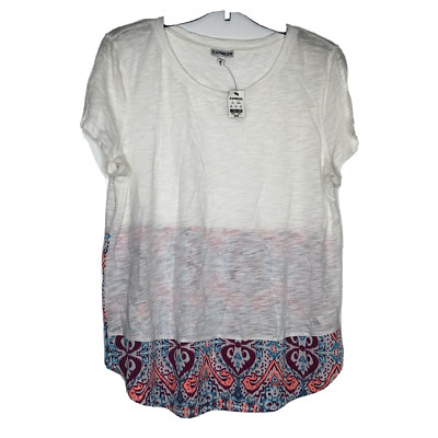 EXPRESS Banded Flutter Sleeve Tee - While With Colorful Bottom Semi Sheer sz M