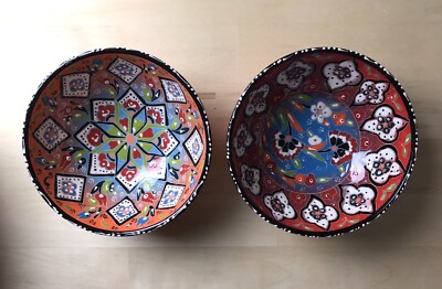 Lot of 2 Hand Painted Turkey Iznik Ceramic & Enamel Bowl 6.25'' Cereal Orange Red