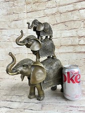 Signed Original Artwork 3 Stacked Elephant Genuine Bronze Sculpture Figure