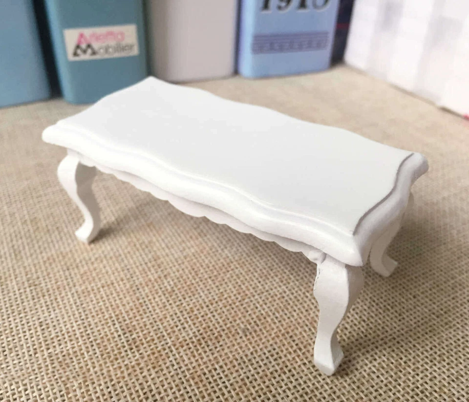 Mesa de té de madera blanca para casa de muñecas 1:12 muebles en miniatura escritorio de café té Foto 2 de 3