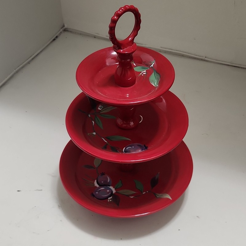 Tracy 3-Tier Floral Tiered Tray Stand Ceramic/Metal Round Red Glossy