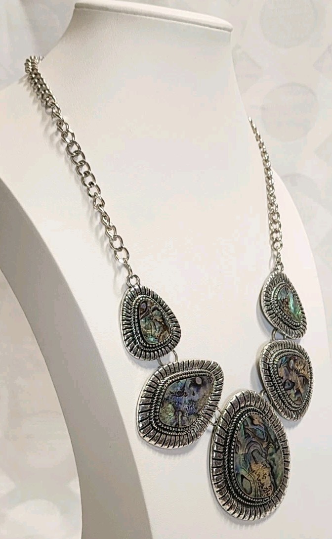 Abalone Shell Statement Necklace Silver Tone Bib … - image 2