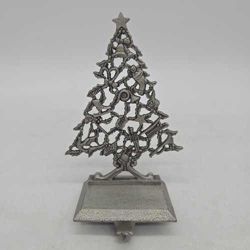 Pewter Metal Christmas Tree Fireplace Mantle Shelf Stocking Holder Hanger - EUC - Picture 1 of 11
