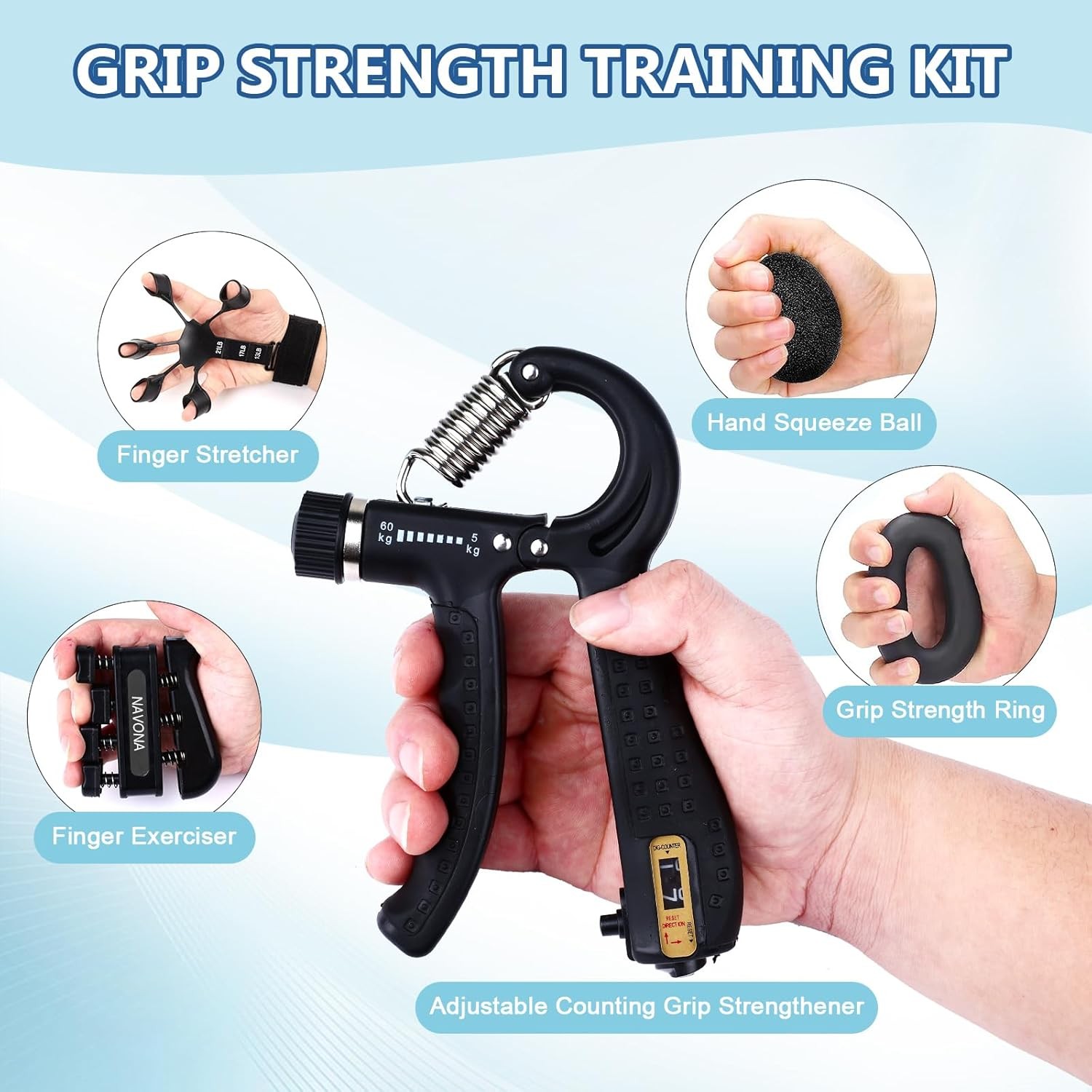 5 PCS Grip Strength Trainer Kit, Hand Gripper Strengthener, Forearm Strengthener