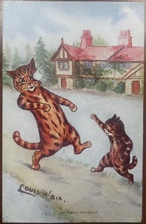 ANTIKER KÜNSTLER SIGNIERT LOUIS WAIN PPC "EIN WEIHNACHTSGESCHENK" KATZE WIRFT SCHNEEBALL