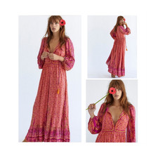 Free People 'Happy Feelings' Pink Orange Tie Tassel Balloon Sleeve Maxi Dress M
