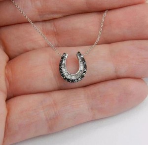 Authentic 1Ct Round Cut Lab Created Black Diamond Horseshoe Pendant 14K White Gold Plated