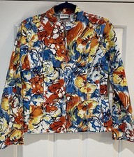 Chico s Multicolor Artsy Floral Cotton Blend Full Zip Pockets Jacket, Size 0