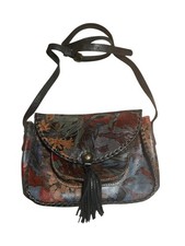 Patricia Nash BEAUMONT Blue Forest Leather Floral Flap Crossbody Bag