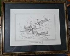 WW2 Spitfire & Hurricane Pencil Drawing Signed David Hawker 1992 Framed