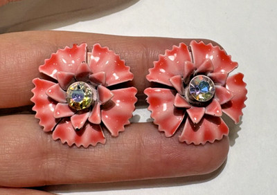 Vintage 1960's Red Pink Enamel AB Rhinestones Carnation Flower Clip on Earrings
