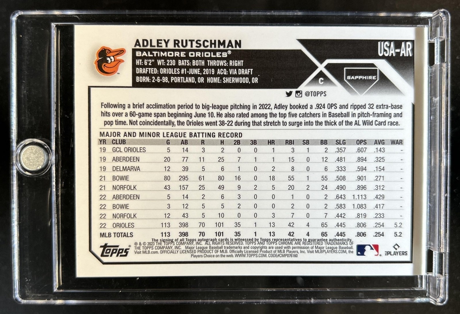 2023 Topps Chrome Update Sapphire Adley Rutschman Auto RC Refractor Gold #/50 view 2