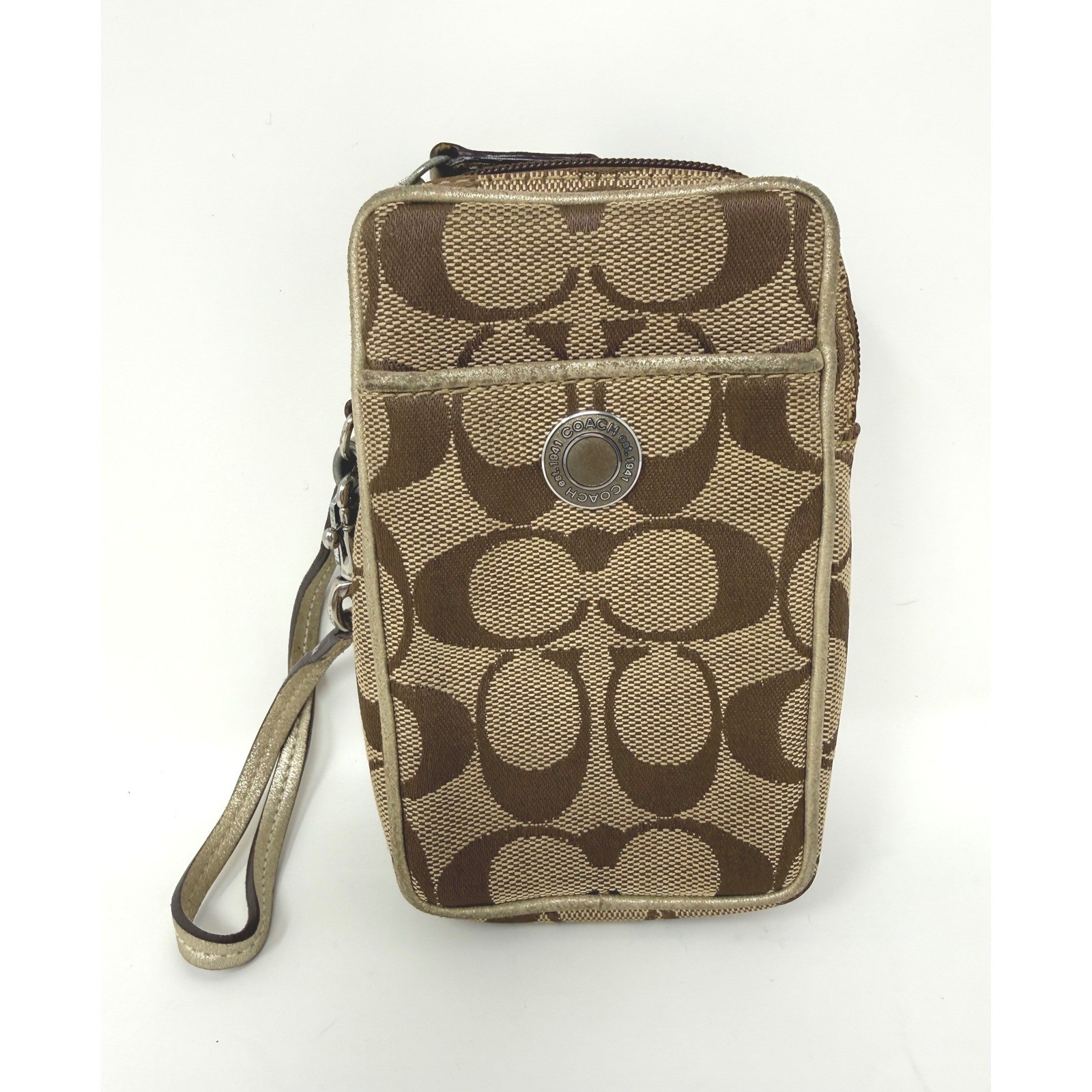 Coach Signature Monogram Wristlet Pouch Y2K Brown Gold Trim Zip Small Bag