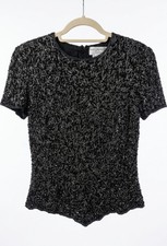 Papell Boutique Evening Blouse, Black Silk, Embroidered Silver Beads Vintage M