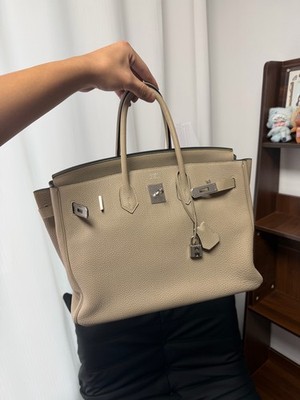Hermes Birkin 35 Gris Tourterelle Silver Hardware Togo Leather Handbag Auth