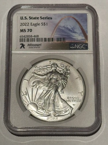 2022 $1 AMERICAN SILVER EAGLE NGC MS70 U.S. STATE SERIES MISSOURI LABEL