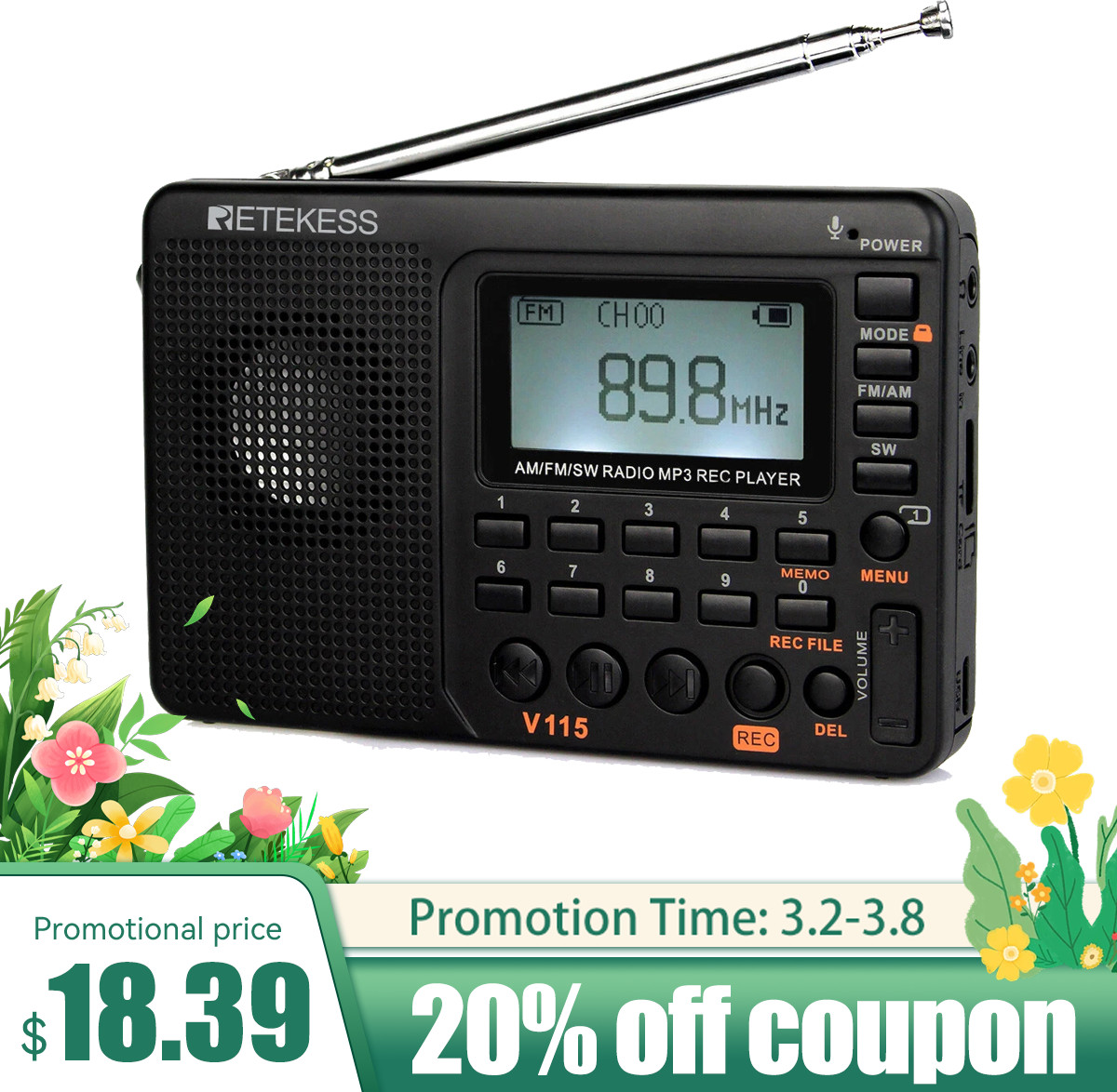 V115 Portable Radio,AM/FM/SW Digital Stereo Home Radio Recorder For Senior Gift
