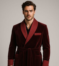 Classic Men  s Velvet Smoking Jacket Robe Quilted Shawl Collar Maroon