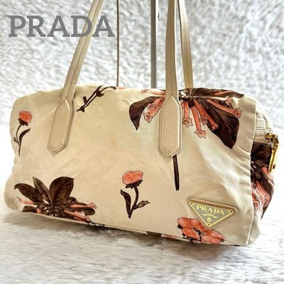 Authentic Prada Floral Canvas Handbag 16cm x 31cm x 15cm Damaged, Ivory